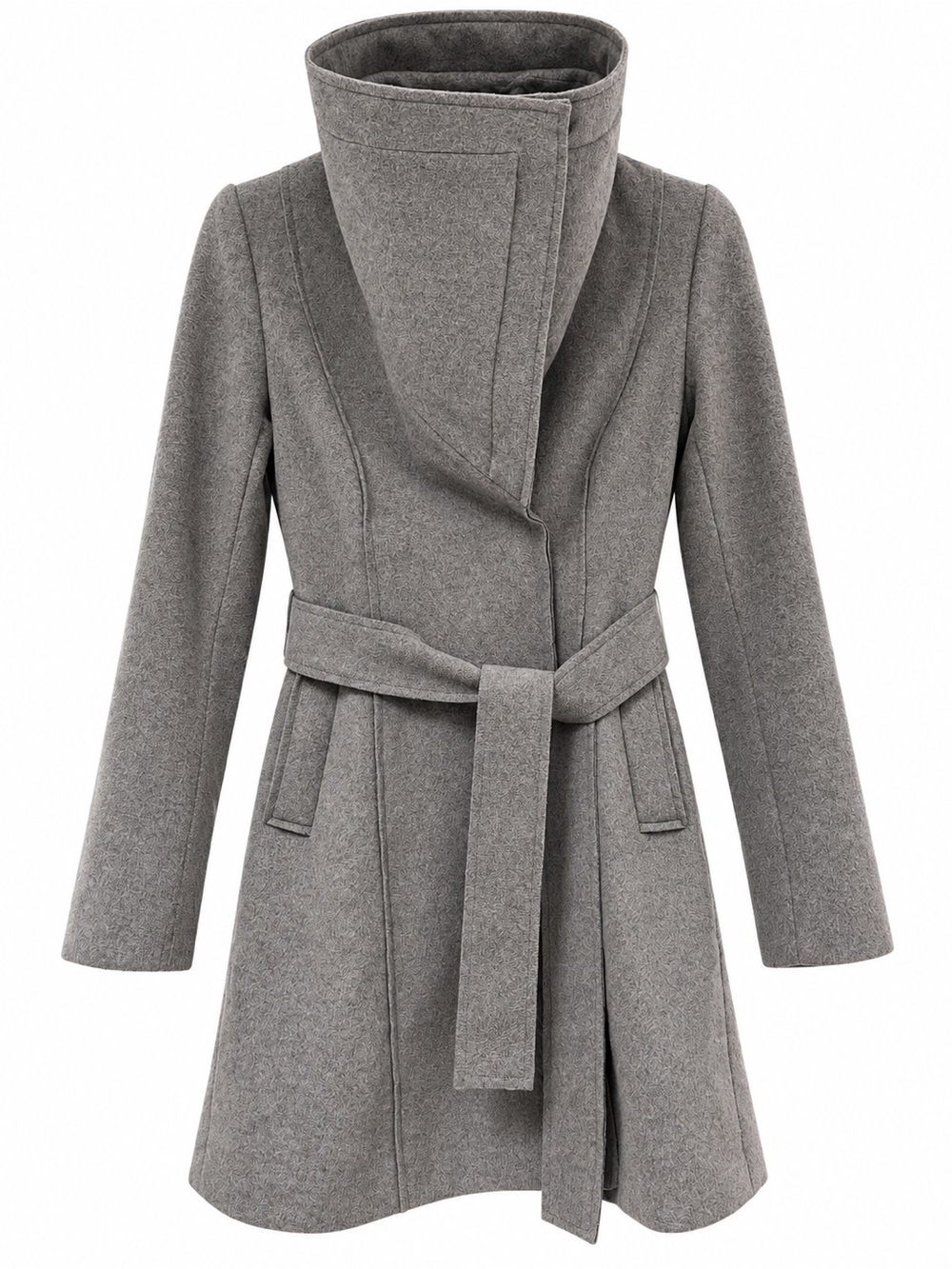 Funnel Neck Gray Felt Wrap Belted Coat